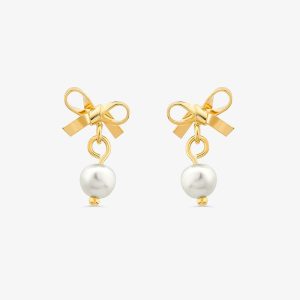 Brinco Infantil Laço com Pérolas em Ouro Amarelo 18k