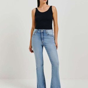 Calca Jeans Basica Feminina Cintura Media Flare Petit Azul