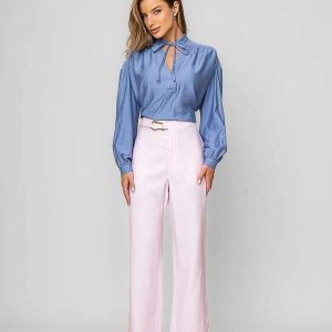 Calça Reta Alfaiatada com Cinto Rosa