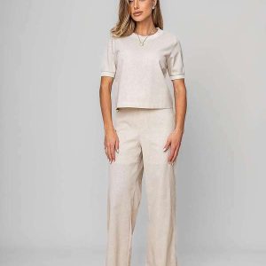 Calça Reta Lisa Alfaiataria Bege