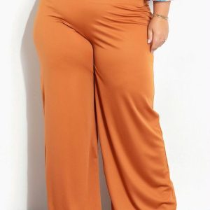 Calça Wide Leg Plus Size Caramelo com Botões