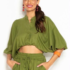 Camisa Cropped de Linho com Amarração Verde