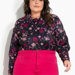 Camisa Floral com Mangas Bufantes Plus Size