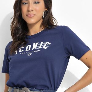 Camiseta Estampada e Bordada Azul