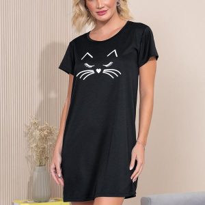 Camisola Manga Curta com Estampa Preta