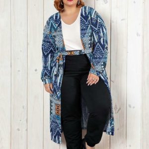 Cardigan Étnico Azul Mangas Bufantes Plus Size