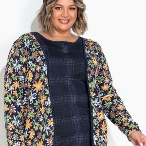 Cardigan Floral Azul com Frente Aberta Plus Size