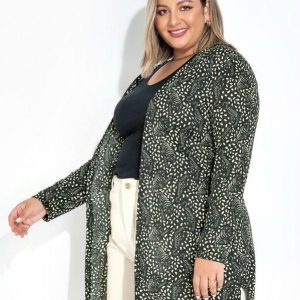 Cardigan Tigre Preto Aberto na Frente Plus Size