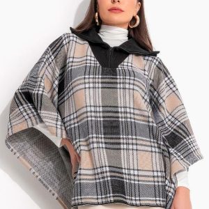 Casaco Xadrez Plaid Bege em Tricô