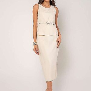Conjunto Alfaiataria Saia Midi e Regata Bege