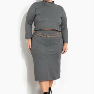 Conjunto Chumbo Blusa e Saia em Ribana Plus Size