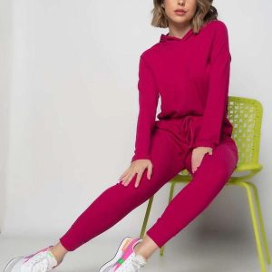 Conjunto Comfy com Casaco Capuz e Jogger Canelado Fashion Rosa