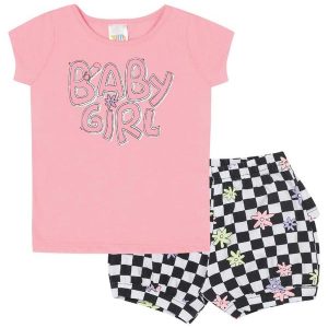 Conjunto Manga Curta Meia Malha Menina Rosa