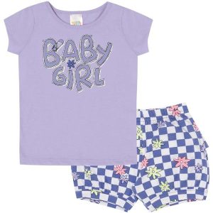 Conjunto Manga Curta Meia Malha Menina Roxo