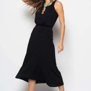 Conjunto Regata Drapeada e Saia Midi Malha Preto