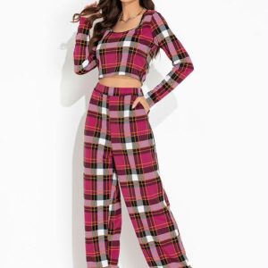Conjunto Xadrez Rosa com Cropped e Calça