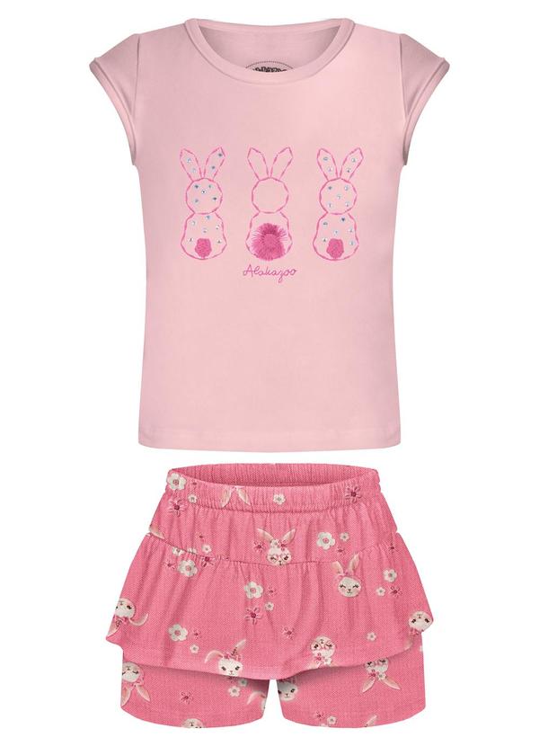 Conjunto com Blusa e Shorts Saia Estampado Rosa
