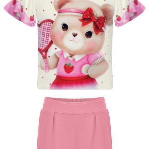 Conjunto com Shorts e Blusa com Strass Rosa