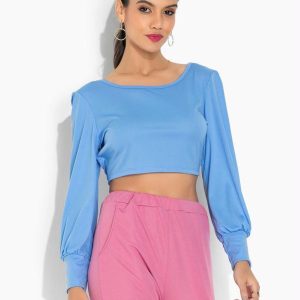 Cropped Azul com Amarração e Mangas Bufantes