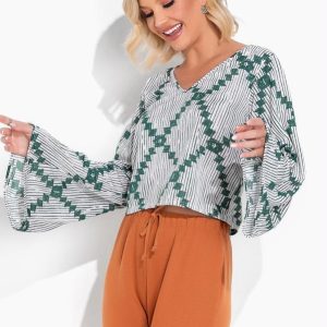 Cropped Geométrico Branco com Decote em V