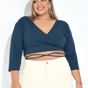 Cropped Marinho Amarração nas Costas Plus Size