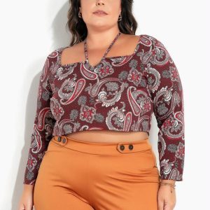 Cropped Paisley Bordô Gota no Decote Plus Size