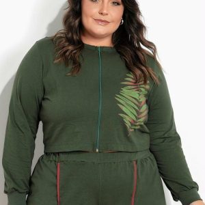 Jaqueta Verde Cropped com Estampa Plus Size