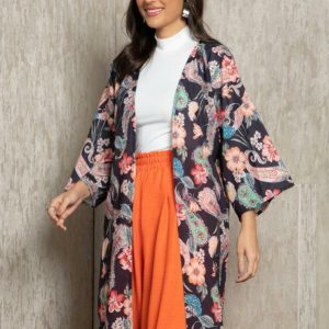 Kimono Paisley Preto em Tecido Plano com Franjas