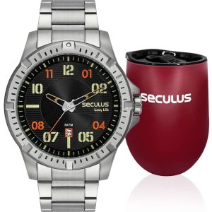 Kit Relógio Seculus Masculino Long Life com Copo Térmico 44209G0SVNA1K2