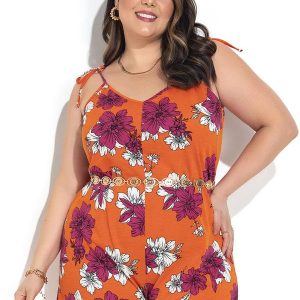 Macacão Floral Vibrante Laranja em Malha