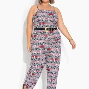 Macacão Folhagem Listrado com Alças Plus Size