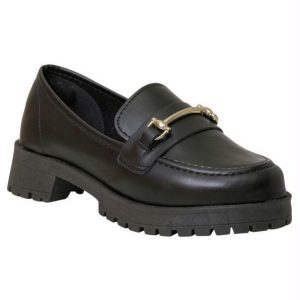 Mocassim Feminino Preto com Adereço Dourado