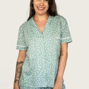 Pijama Americano Manga Curta Algodão Poá Verde