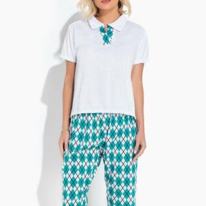 Pijama Estampado com Gola Verde e Branco