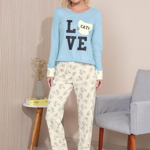 Pijama Longo com Estampa Azul Claro