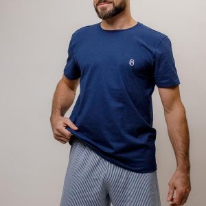 Pijama Masculino Manga Curta Algodão Azul