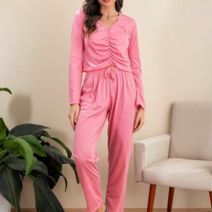 Pijama Rosa em Malha de Poliéster