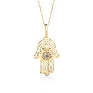 Pingente Hamsa com 3 Pontos de Diamantes e Safira Azul em Ouro Amarelo 18k