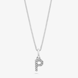 Pingente Letra P com Diamante em Ouro Branco 18k