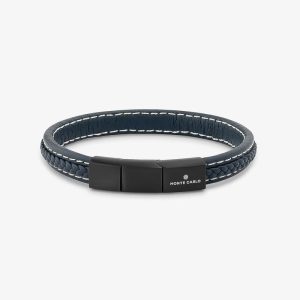 Pulseira Masculina de Couro Azul em Aço Preto - 21 cm
