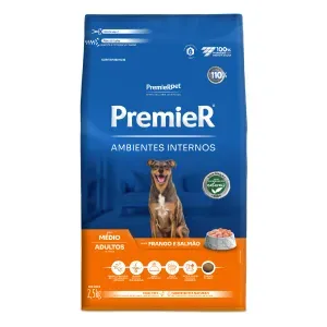 Ração Premier Ambientes Internos Cães Adultos Porte Médio Frango e Salmão