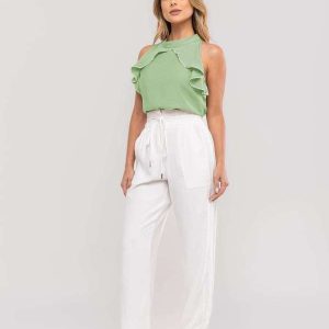 Regata Feminina com Babado e Gola Alta em Viscolinho Verde