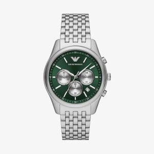 Relógio Emporio Armani Cronógrafo Masculino em Aço Prateado e Mostrador Verde AR11581B1