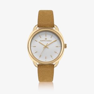 Relógio Monte Carlo Feminino em Aço Dourado e Pulseira de Suede