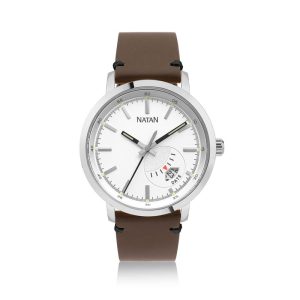 Relógio Natan Masculino em Aço Prateado e Couro Legítimo Marrom com Vidro de Safira