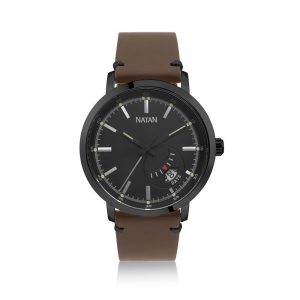 Relógio Natan Masculino em Aço Preto e Couro Legítimo Marrom com Vidro de Safira