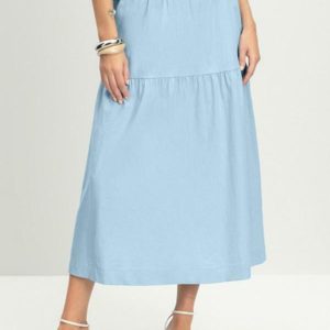 Saia Feminina Midi em Linho Azul