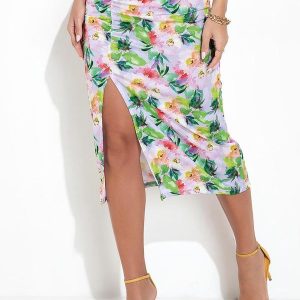 Saia Floral Borrado em Jersey Acetinado