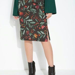 Saia Floral Preto com Fenda e Cintura Alta