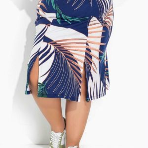 Saia Folhas Azul com Fendas na Barra Plus Size